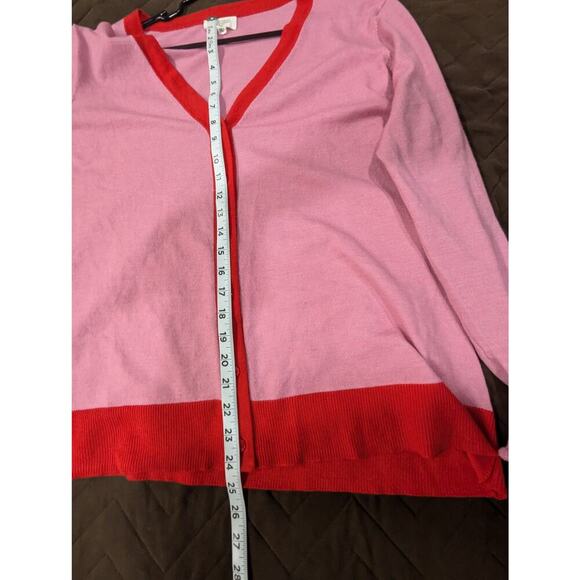 Pink v-neck varsity style cardigan pink w/red trim by Candace Cameron Brue, XL - Picture 7 of 8